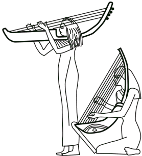 エジプトハープの図（肩に乗せて弾く、床に置いて弾く）