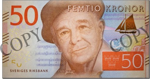 エバート・タウベの肖像がデザインされている50クローな紙幣 Swedish krona:Evert Taube