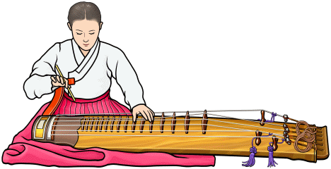 コムンゴ（거문고）を演奏する女性の図
