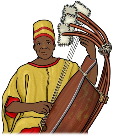 西アフリカのハープ、プリュリ アークを演奏する人のイラスト